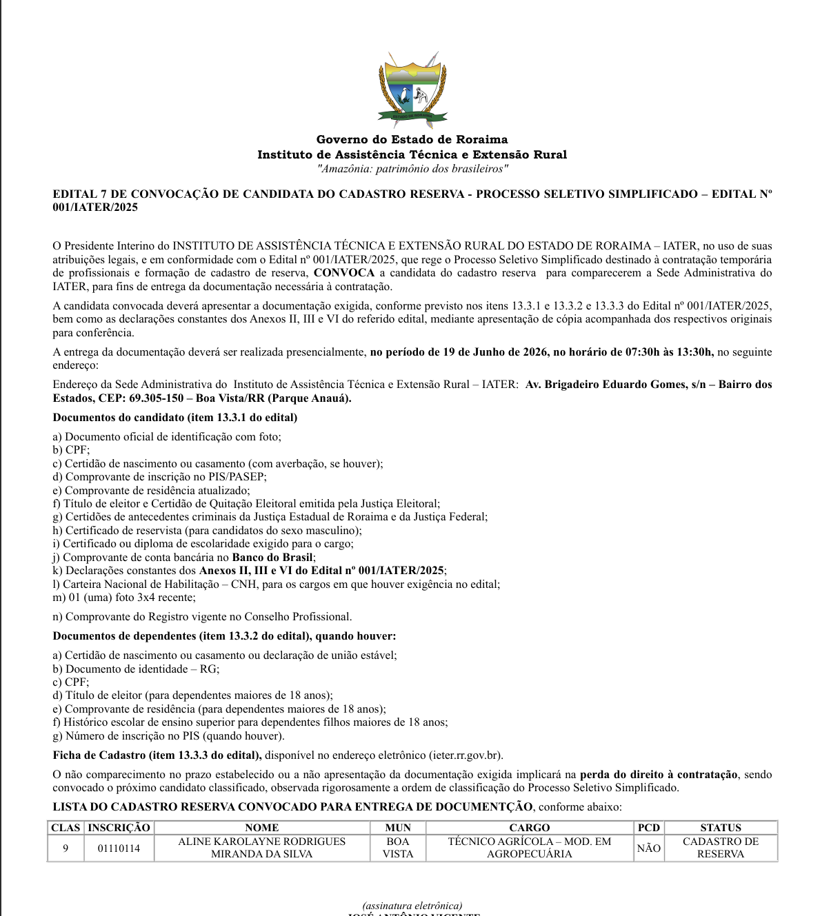 Convocação da nona lista do cadastro reserva do chamamento público 001/2025.